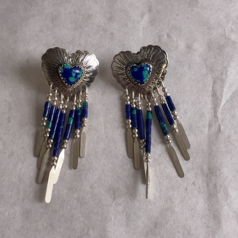 O.T.O Sterling Silver Heart Dangle Earrings Blue Stone Bead Fringe 925 Statement